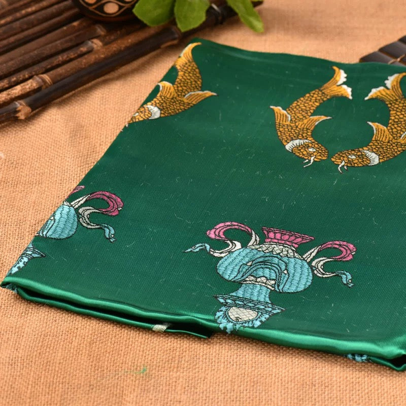 Green Embroidered Tibetan Khata Scarf with Eight Auspicious Symbol