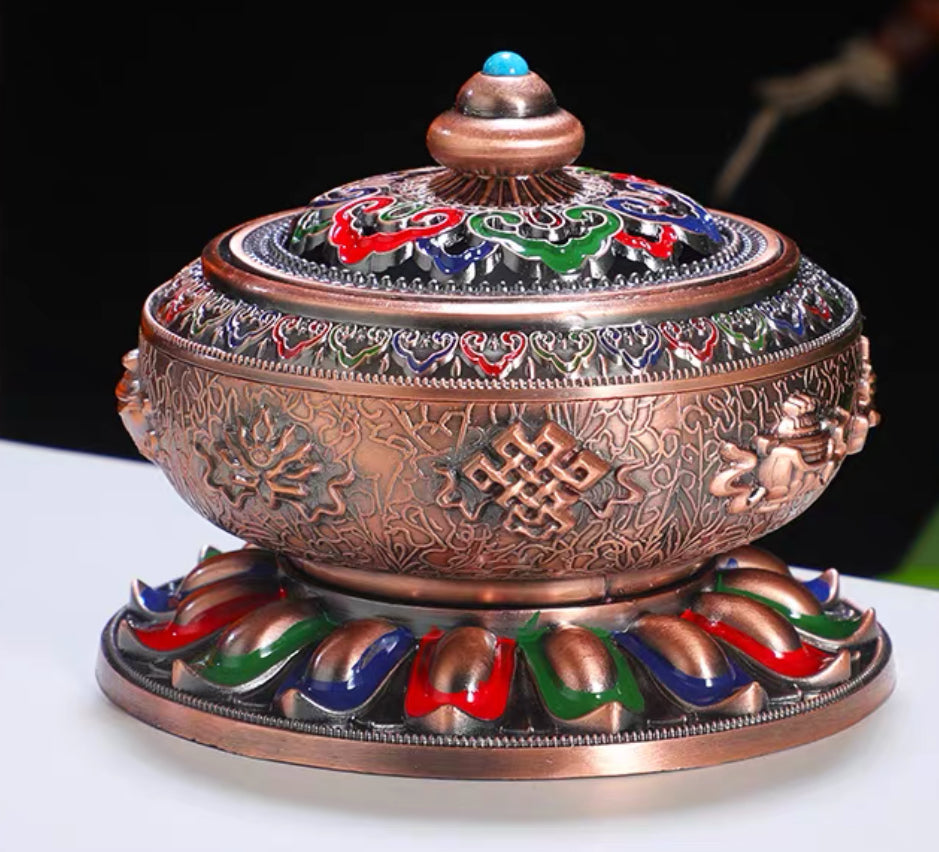 Tibetan Cloisonné Incense Burner – Brass Eight Auspicious Lotus Design, 10 cm (3.9”)