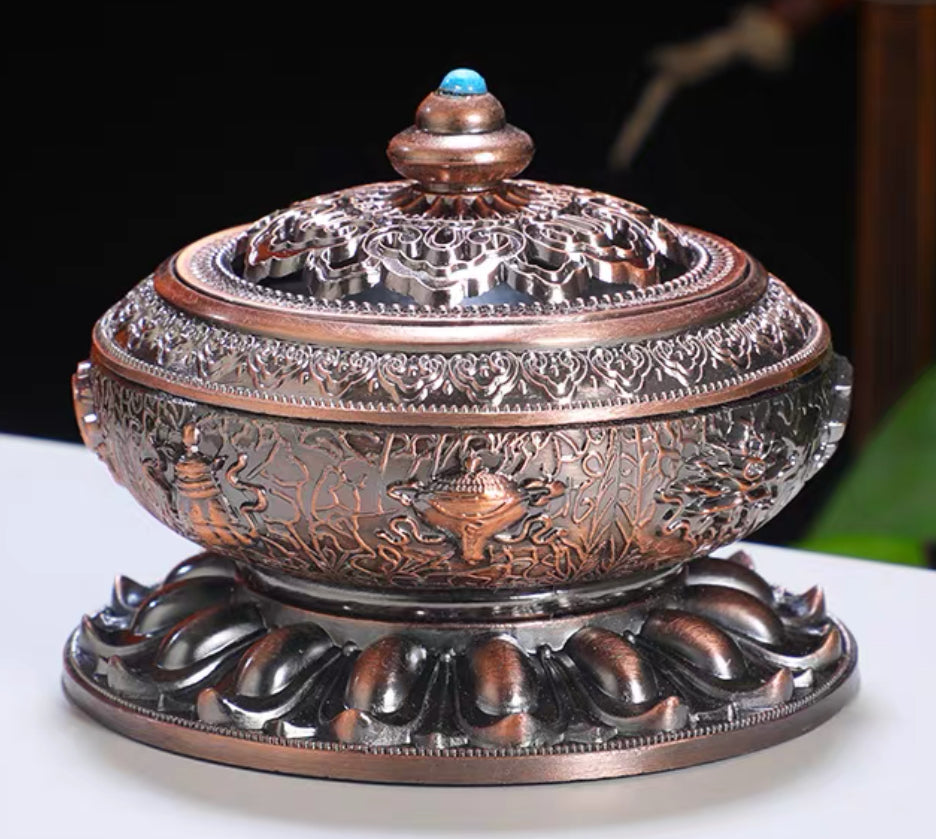Tibetan Cloisonné Incense Burner – Brass Eight Auspicious Lotus Design, 10 cm (3.9”)