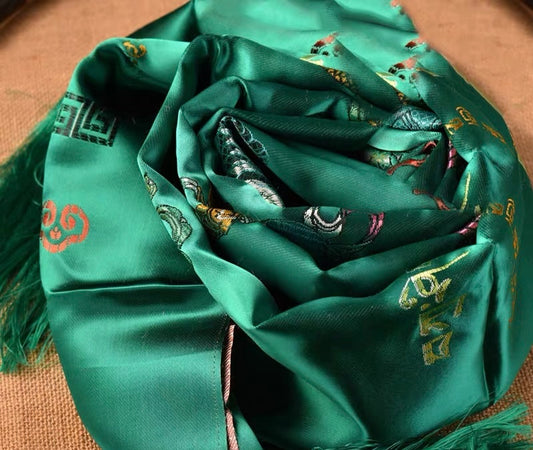 Green Embroidered Tibetan Khata Scarf with Eight Auspicious Symbol