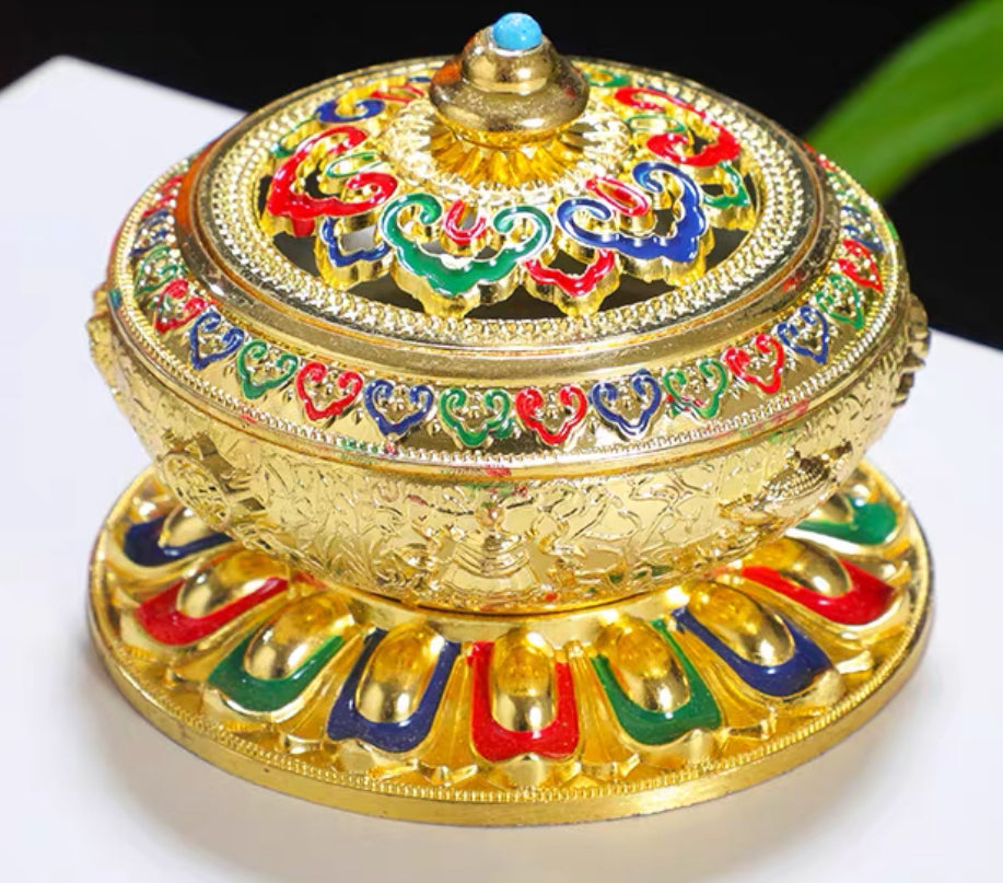 Tibetan Cloisonné Incense Burner – Brass Eight Auspicious Lotus Design, 10 cm (3.9”)