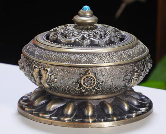 Tibetan Cloisonné Incense Burner – Brass Eight Auspicious Lotus Design, 10 cm (3.9”)