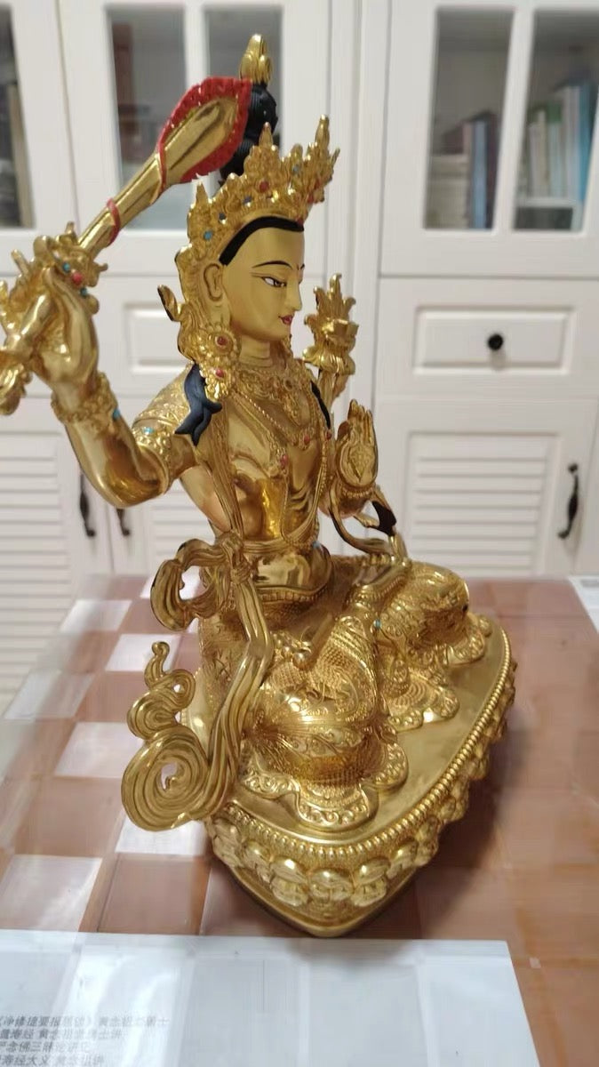 Manjushri & Samantabhadra Brass Statue – Full Gilded Tibetan Buddhist Deities, 16 cm / 21 cm / 33 cm (6.3” / 8.3” / 13”) Height