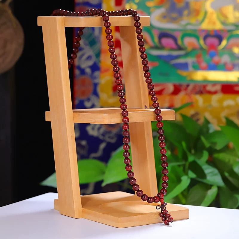 Tibetan Small-Leaf Red Sandalwood 108-Bead Mala Bracelet – Elastic with Auspicious Knot, 8mm