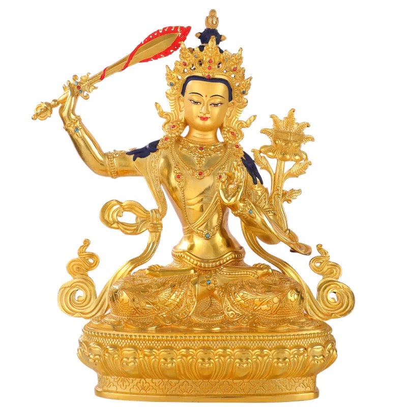Manjushri & Samantabhadra Brass Statue – Full Gilded Tibetan Buddhist Deities, 16 cm / 21 cm / 33 cm (6.3” / 8.3” / 13”) Height