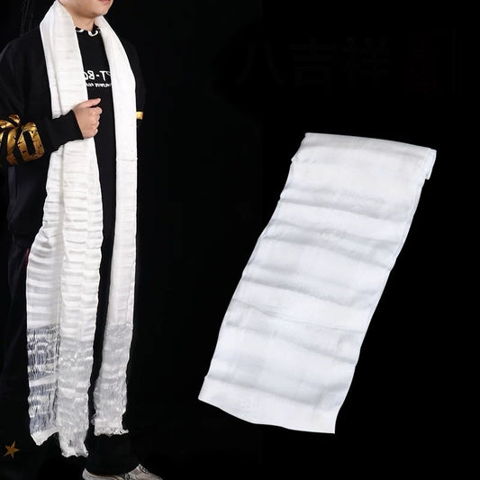 White Silk Tibetan Khata Scarf – Eight Auspicious Symbols, 290 cm × 59 cm (114” × 23”)
