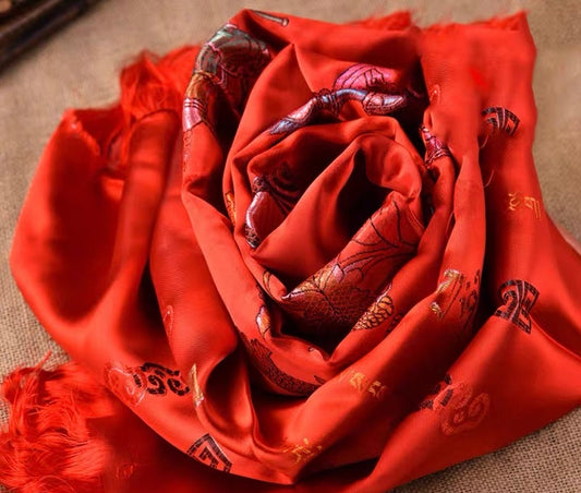 Red Embroidered Tibetan Khata Scarf with Eight Auspicious Symbol