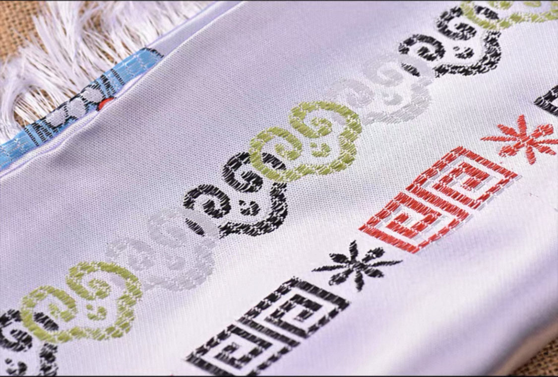 White Embroidered Tibetan Khata Scarf with Eight Auspicious Symbol