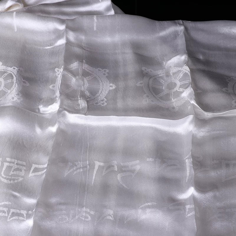 White Silk Tibetan Khata Scarf – Eight Auspicious Symbols, 290 cm × 59 cm (114” × 23”)