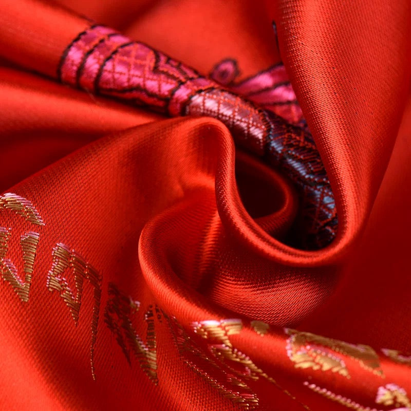 Red Embroidered Tibetan Khata Scarf with Eight Auspicious Symbol