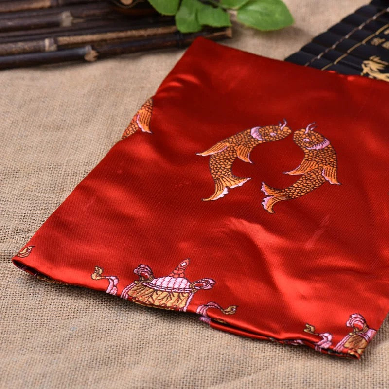 Red Embroidered Tibetan Khata Scarf with Eight Auspicious Symbol