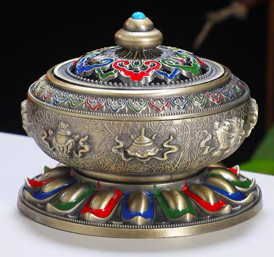 Tibetan Cloisonné Incense Burner – Brass Eight Auspicious Lotus Design, 10 cm (3.9”)