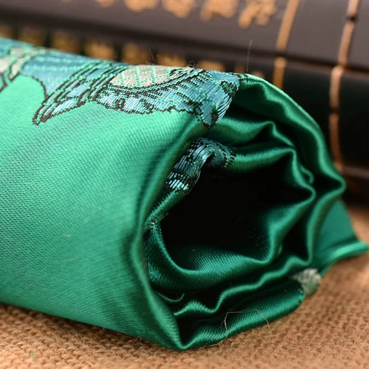 Green Embroidered Tibetan Khata Scarf with Eight Auspicious Symbol