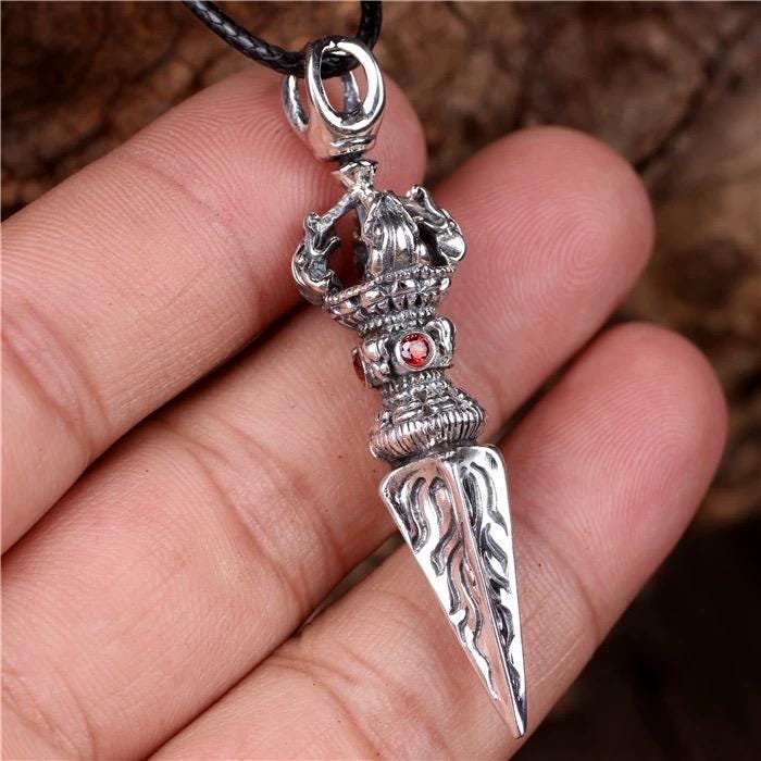Handmade Silver Phurba Silver Vajra Dagger Pendant Tibetan Protection Amulet Necklace Dispels negative energy Pure Brass Amulet