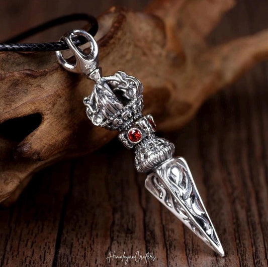Handmade Silver Phurba Silver Vajra Dagger Pendant Tibetan Protection Amulet Necklace Dispels negative energy Pure Brass Amulet