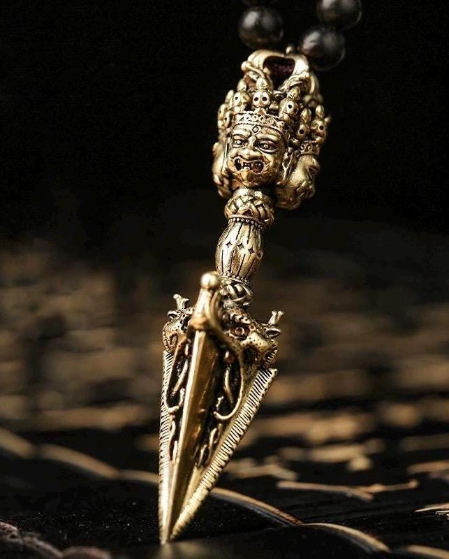 Phurba Vajra Dagger Vintage Handmade Nepal Tibetan Pendant Necklace Dispels negative energy Pure Brass Amulet for Men and Women