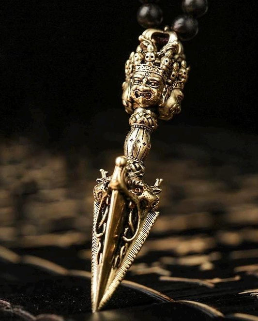 Phurba Vajra Dagger Vintage Handmade Nepal Tibetan Pendant Necklace Dispels negative energy Pure Brass Amulet for Men and Women