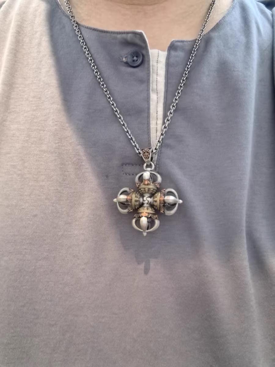 Tibetan Vajra Pendant S925 Silver Buddhist Amulet Protective Dorje Necklace Spiritual Meditation Talisman Handmade Himalayan Jewelry