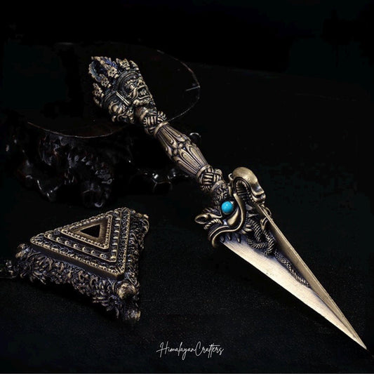 Handcrafted 8.5” Phurba Vajra Dagger Vintage Handmade Nepal Tibetan Pure Brass Amulet