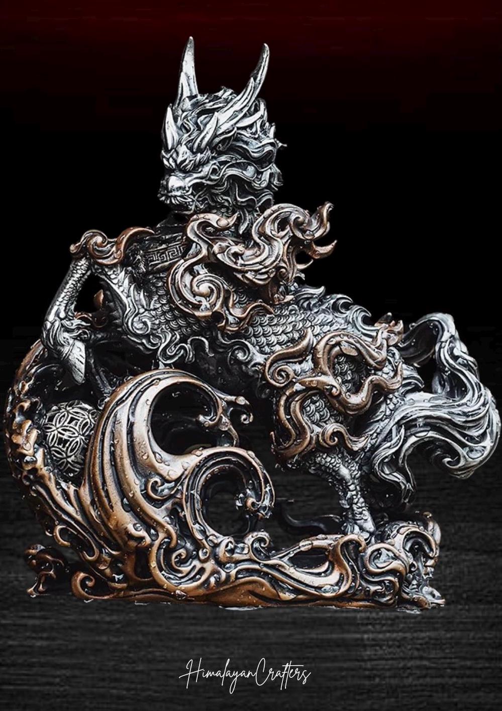 Kirin Brass Silver Statue, Tibetan Handcrafted Copper Good Fortune Protection Figurine, Office Home Decor, Unique Gift Desk Decor