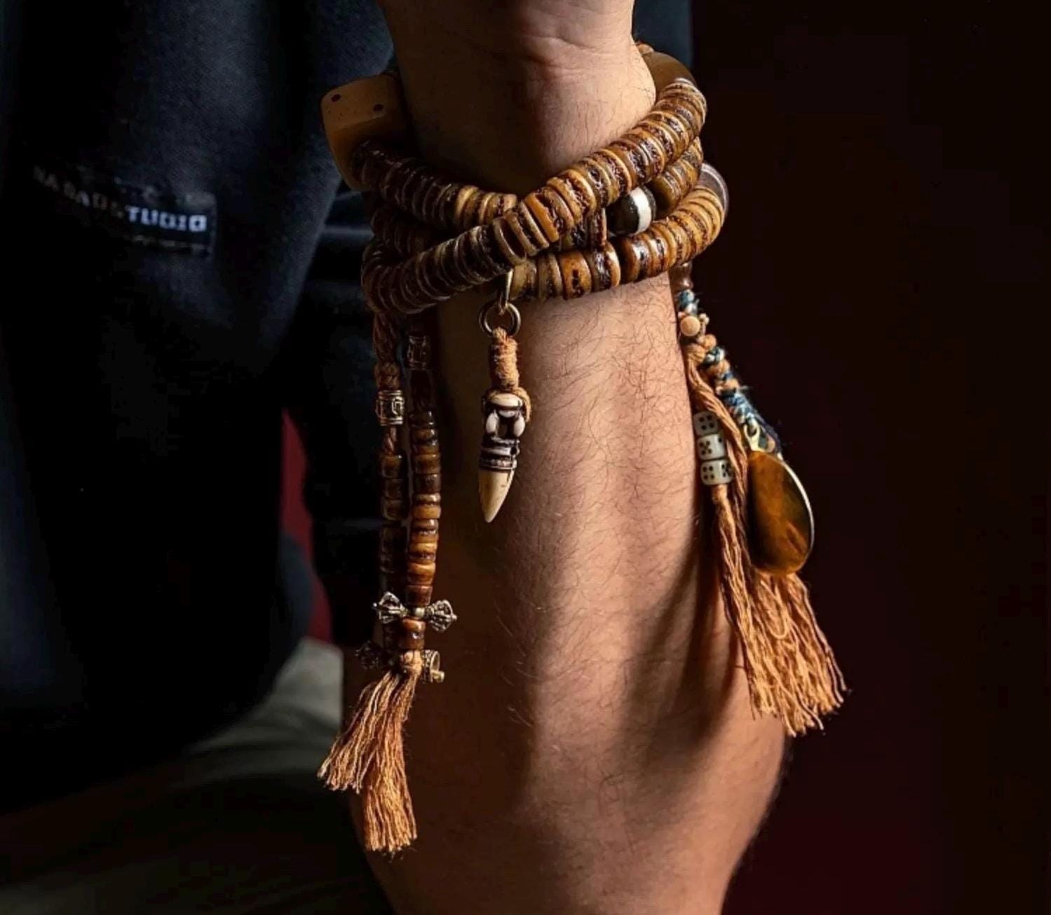 Handcrafted Tibetan Yak Bone Mala Bracelet, 108 Beads Buddhist Prayer Beads for Meditation, Yoga, and Spiritual Healing, Tibetan Jewelry