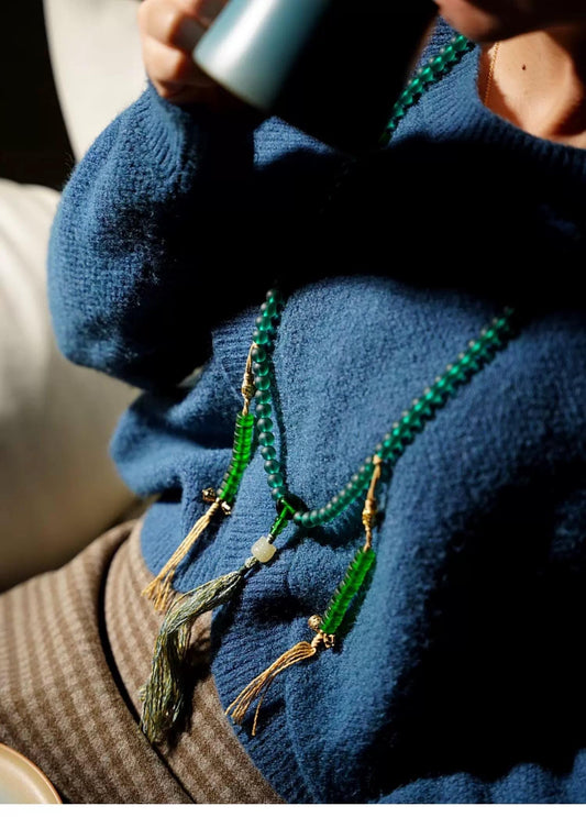 Handcrafted Green Tara Glass Bead Mala, 108 Bead Buddhist Prayer Necklace for Meditation, Spiritual Healing