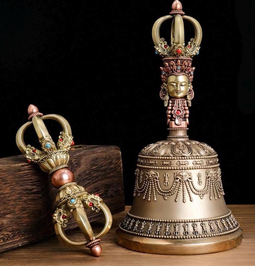 4 to 8 Inches Handcrafted Tibetan Vajra Bell & Dorje Set, Brass, Spiritual Ritual Meditation Buddhist Decor Sacred Power Wisdom Symbol