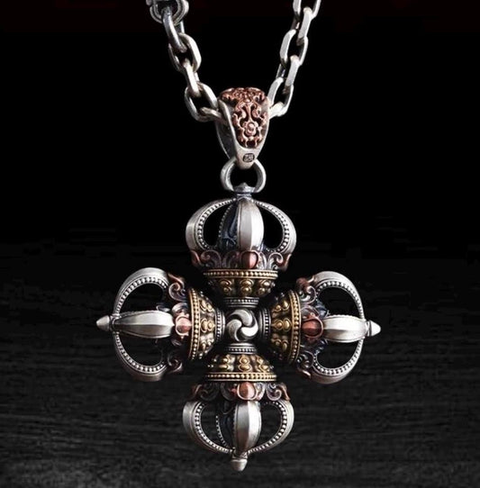 Tibetan Vajra Pendant S925 Silver Buddhist Amulet Protective Dorje Necklace Spiritual Meditation Talisman Handmade Himalayan Jewelry