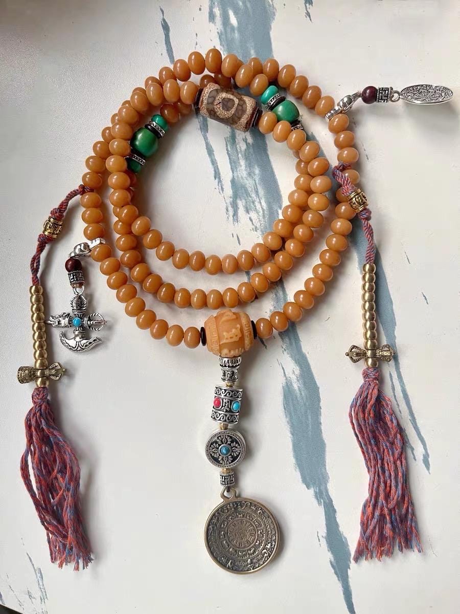 Handcrafted Bodhi Root Mala Beads, 108 Tibetan Prayer Beads Necklace Bracelet with Agate, Spiritual Meditation Jewelry
