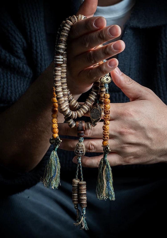 Handcrafted Tibetan Yak Bone Mala Bracelet, 108 Beads Buddhist Prayer Beads for Meditation, Yoga, and Spiritual Healing, Tibetan Jewelry
