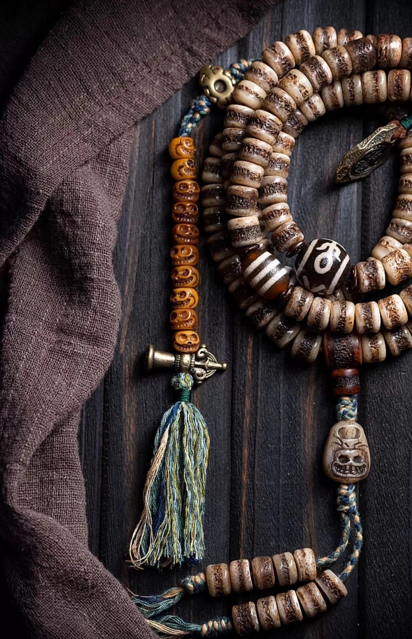 Handcrafted Tibetan Yak Bone Mala Bracelet, 108 Beads Buddhist Prayer Beads for Meditation, Yoga, and Spiritual Healing, Tibetan Jewelry