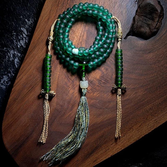 Handcrafted Green Tara Glass Bead Mala, 108 Bead Buddhist Prayer Necklace for Meditation, Spiritual Healing