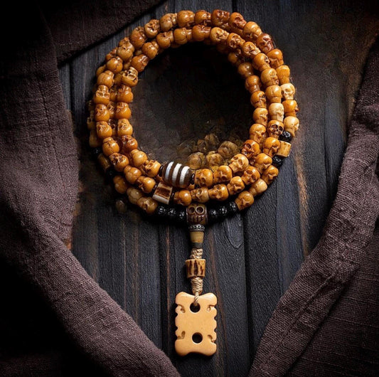 Handcrafted Tibetan Skull Shape Yak Bone Mala Bracelet, 108 Beads Buddhist Prayer Beads for Meditation, Yoga, and Spiritual Healing