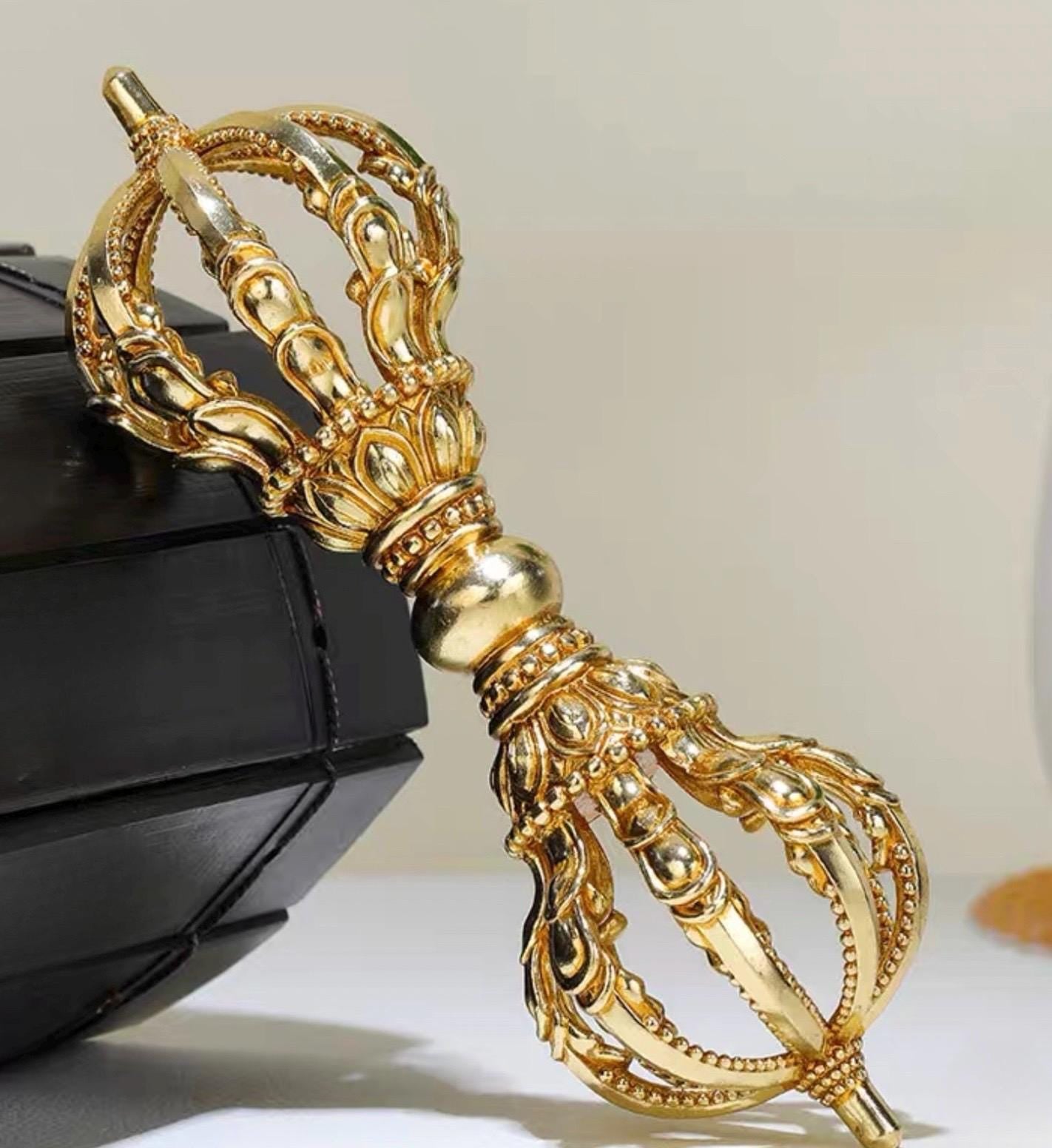 Handcrafted Tibetan Brass Phurba Vajra Nine-Pronged Ritual Dagger Gold & Antique Finish
