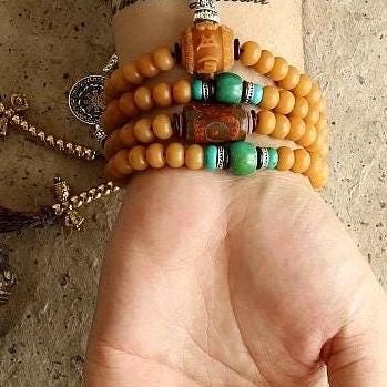 Handcrafted Bodhi Root Mala Beads, 108 Tibetan Prayer Beads Necklace Bracelet with Agate, Spiritual Meditation Jewelry