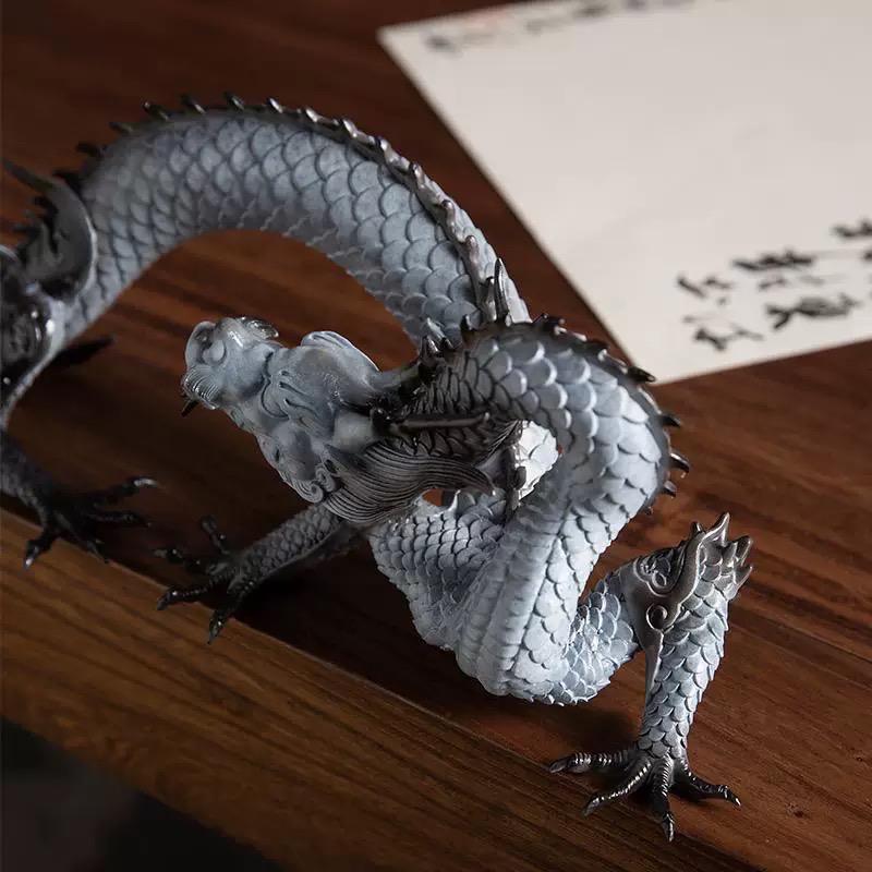 Brass Dragon Loong Statue, Tibetan Handcrafted Copper Good Fortune Protection Figurine, Office Home Decor Unique Gift Desk Decor