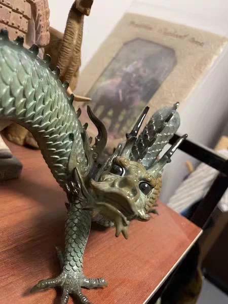 Brass Dragon Loong Statue, Tibetan Handcrafted Copper Good Fortune Protection Figurine, Office Home Decor Unique Gift Desk Decor