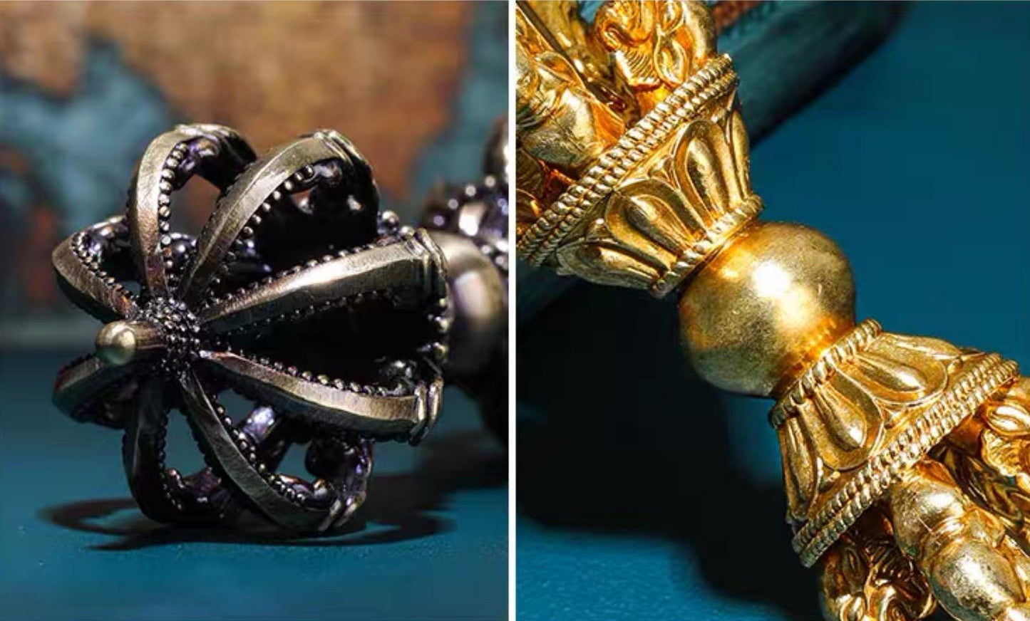 Handcrafted Tibetan Brass Phurba Vajra Nine-Pronged Ritual Dagger Gold & Antique Finish