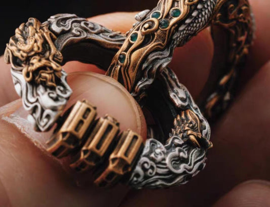 Handmade Daoist Heaven-Earth Circle Pendant, Silver & Brass Amulet Necklace with Red Zircon, Green Chalcedony