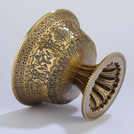 Handcrafted Tibetan Brass Offering Bowl with Eight Auspicious Symbols High-Footed Water Cup for Altar Ritual Use