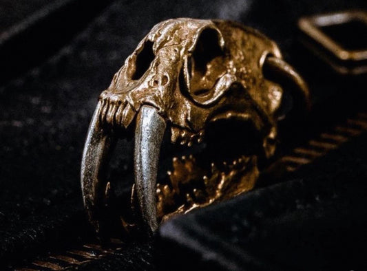 Original Brass Saber-Toothed Tiger Skull Pendant, Handcrafted Keychain with Silver Teeth