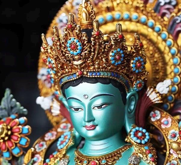 Handcrafted Green Tara Brass Statue – Nepalese Style Tibetan Buddhist Deity with Painted Back Panel (9 inch)