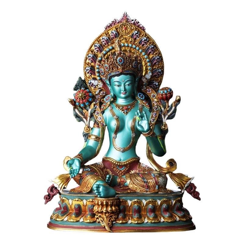 Handcrafted Green Tara Brass Statue – Nepalese Style Tibetan Buddhist Deity with Painted Back Panel (9 inch)