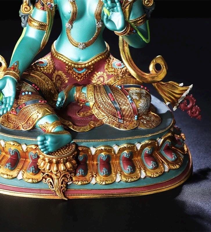 Handcrafted Green Tara Brass Statue – Nepalese Style Tibetan Buddhist Deity with Painted Back Panel (9 inch)