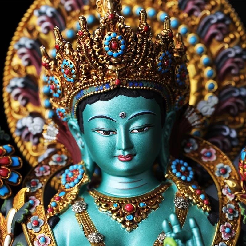 Handcrafted Green Tara Brass Statue – Nepalese Style Tibetan Buddhist Deity with Painted Back Panel (9 inch)
