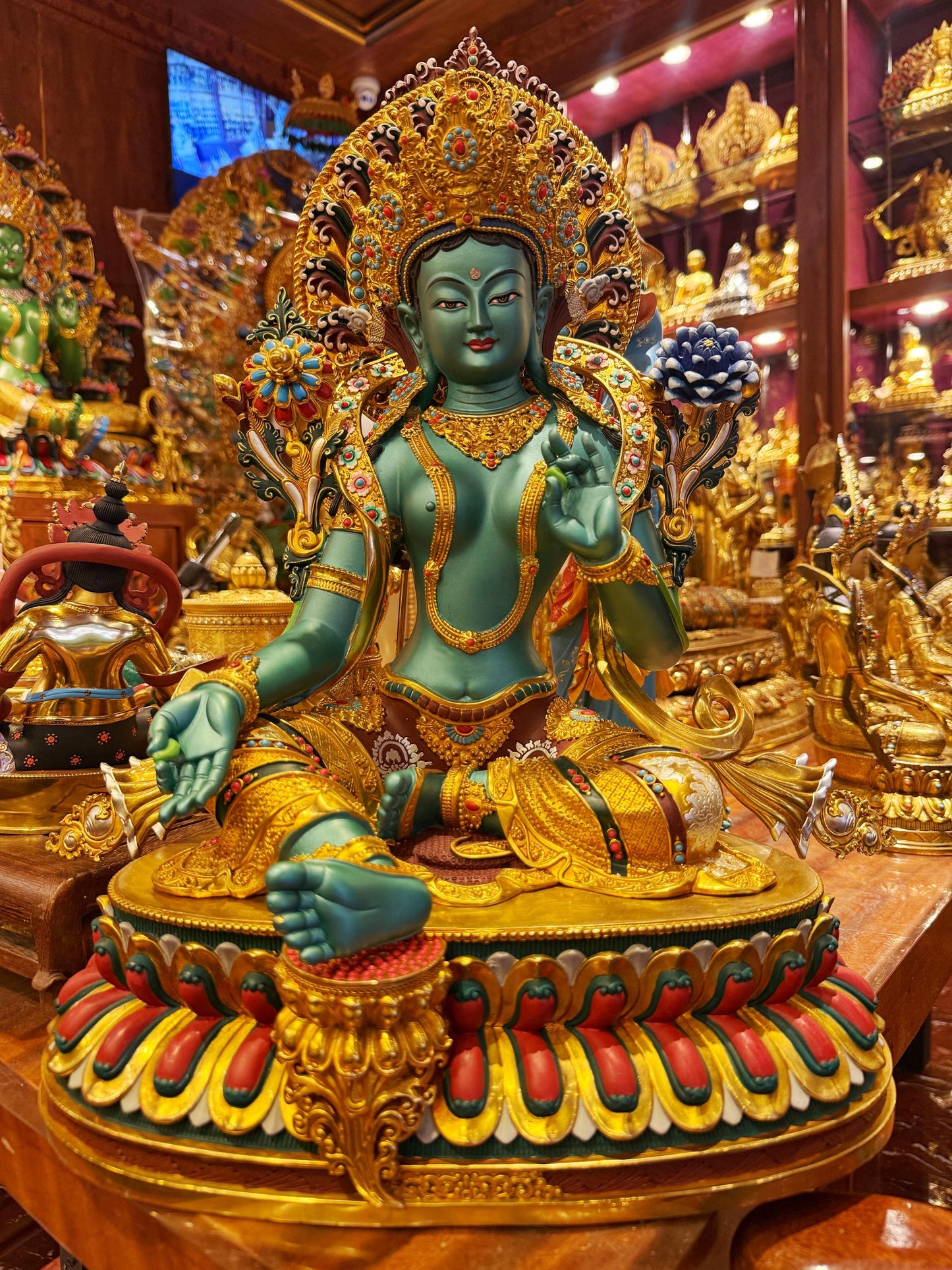 Handcrafted Green Tara Brass Statue – Nepalese Style Tibetan Buddhist Deity with Painted Back Panel (9 inch)