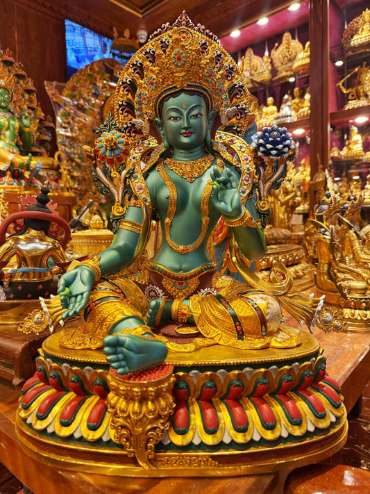 Handcrafted Green Tara Brass Statue – Nepalese Style Tibetan Buddhist Deity with Painted Back Panel (9 inch)