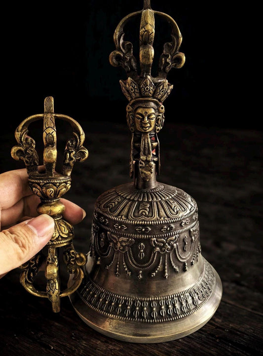 Handcrafted Tibetan Vajra Bell & Dorje Set, Brass, Spiritual Ritual Meditation Buddhist Decor Sacred Power Wisdom Symbol