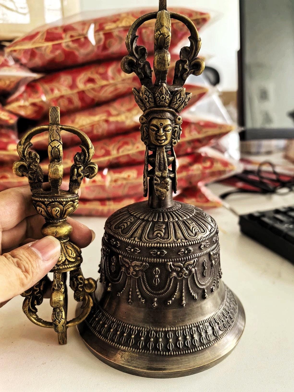 Handcrafted Tibetan Vajra Bell & Dorje Set, Brass, Spiritual Ritual Meditation Buddhist Decor Sacred Power Wisdom Symbol