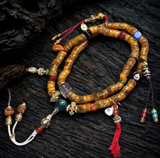 Handcrafted Tibetan Yak Bone Mala Bracelet, 108 Beads Buddhist Prayer Beads for Meditation, Yoga, and Spiritual Healing, Tibetan Jewelry